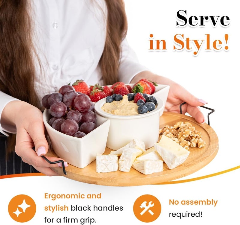 DEVA Home Design Chip and Dip Serving Set | Rotating Bamboo Lazy Susan Appetizer Tray with Black Handles | White Ceramic Bowls with Bamboo Lids | Divided Round Party Platter | Giftable - Image 3